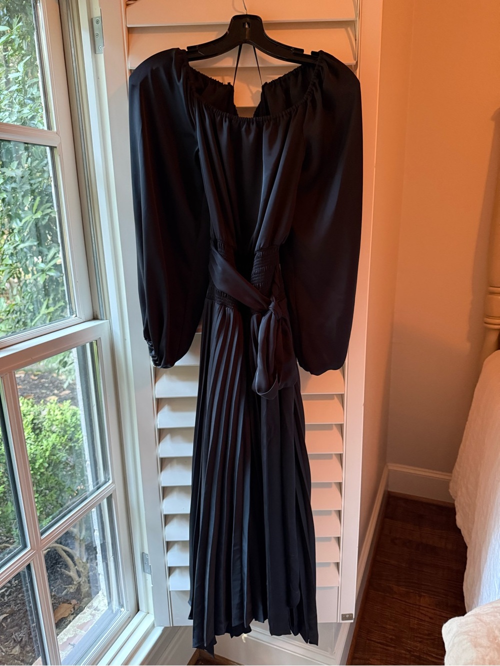 NWT Ramy Brook Black Long Sleeve Pleated Maxi Dress with Waist Tie